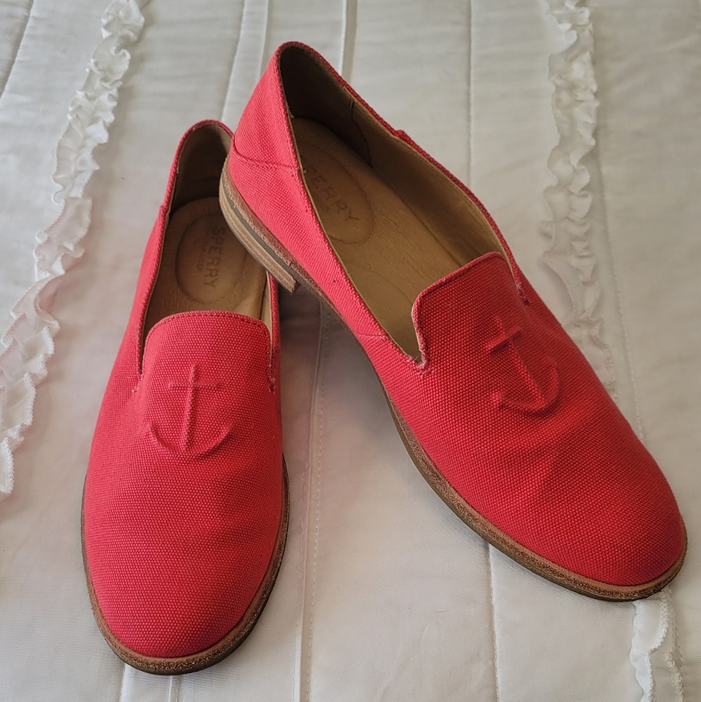 Sperry Top Sider Red Loafer Boat Shoes Anchor Size 9.5